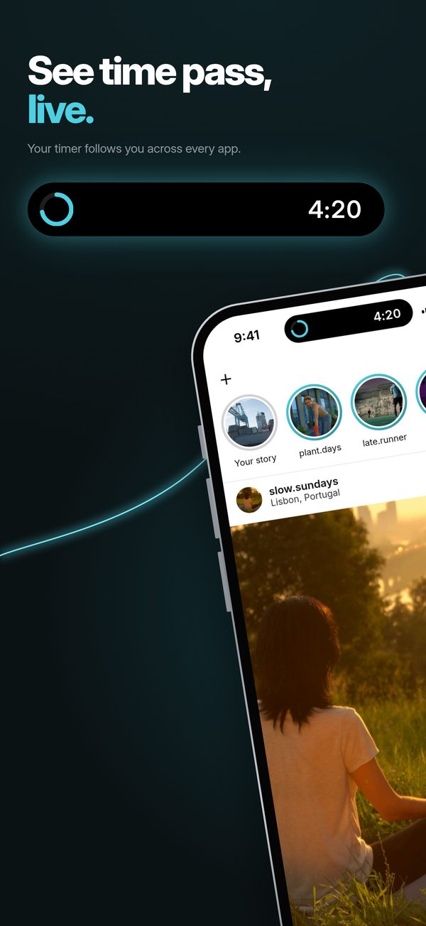 App Store screenshot: See time pass. Live. A timer in the Dynamic Island over a feed.