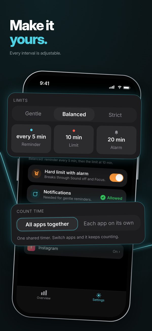 App Store screenshot: Make it yours. Mild, Balanced and Strict settings.